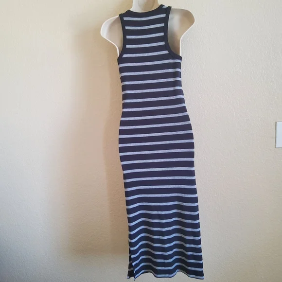 Michael Stars Striped Tight Bodycon Tank Midi Knit Dress Size XS Navy Blue Grey Michael Stars Striped Tight Bodycon Tank Midi Knit Dress Size XS Navy Blue Grey